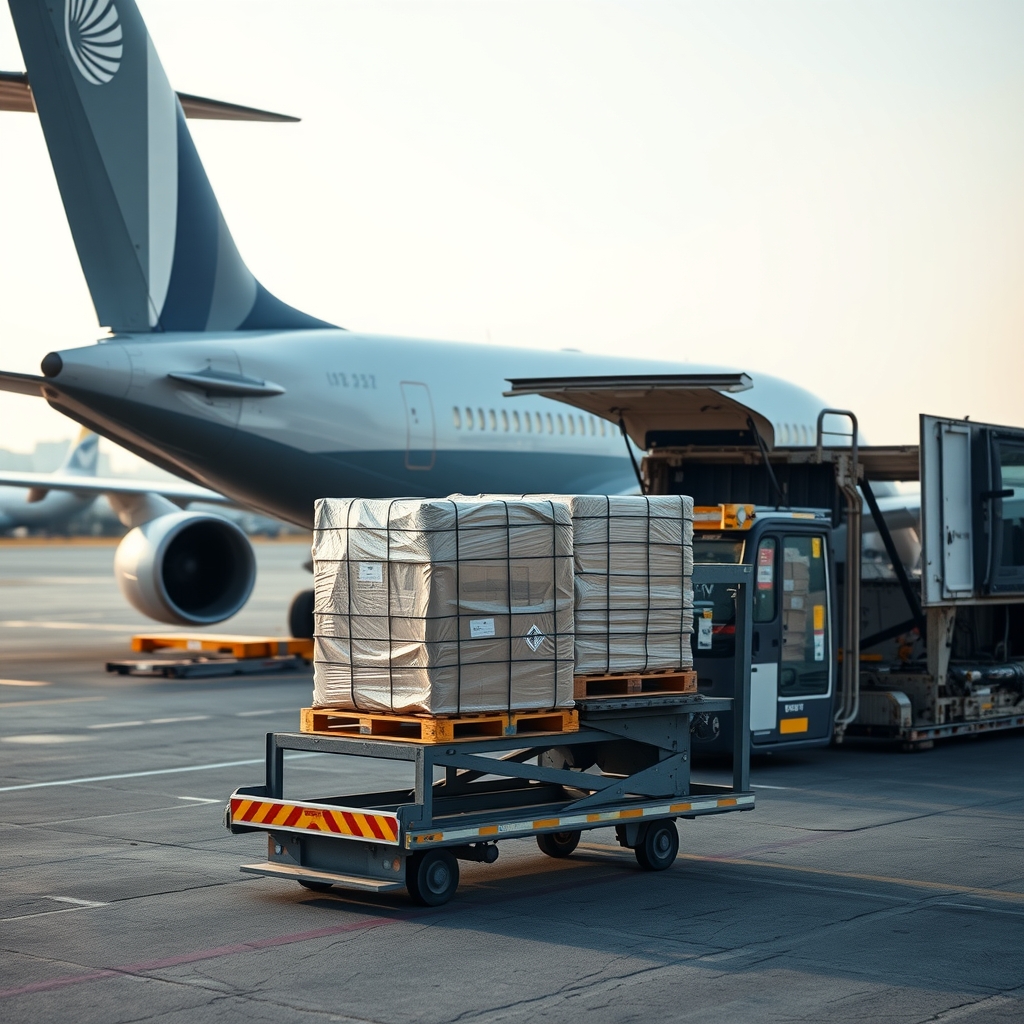 Loading pallets of goods into the hold of a cargo aircraft