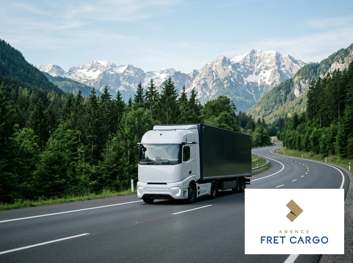 Camion électrique roulant sur une autoroute européenne entourée de forêts